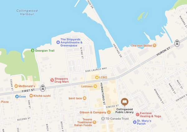 Map showing the location of the Collingwood Public Library